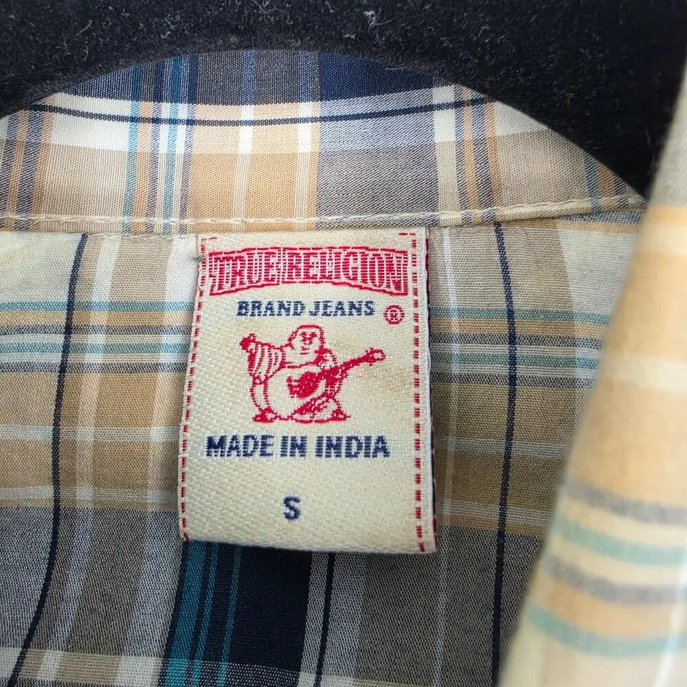 True Religion Tan & Blue Plaid Western Cotton Long Sleeve Pearl Snap Shirt Sz S
